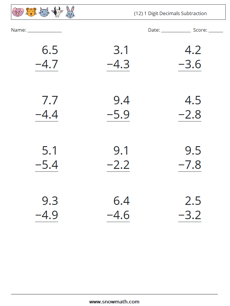 (12) 1 Digit Decimals Subtraction Maths Worksheets 17