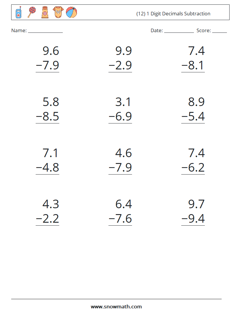 (12) 1 Digit Decimals Subtraction Maths Worksheets 18