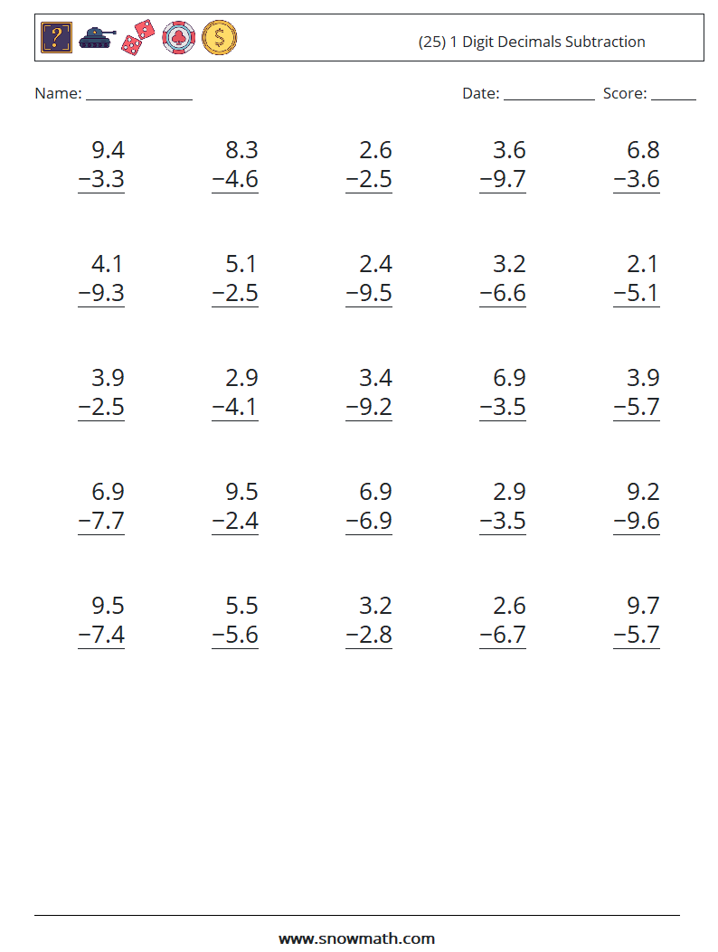 (25) 1 Digit Decimals Subtraction Maths Worksheets 1