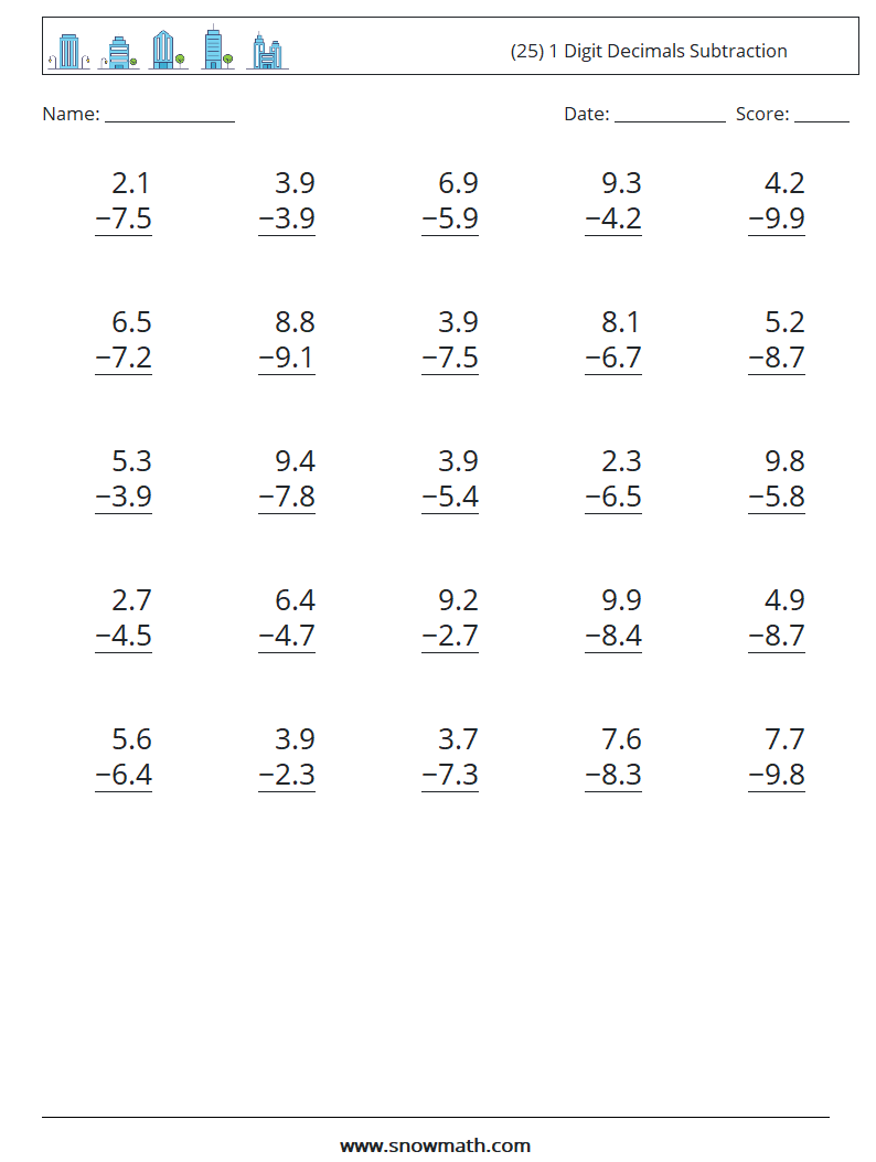 (25) 1 Digit Decimals Subtraction Maths Worksheets 10