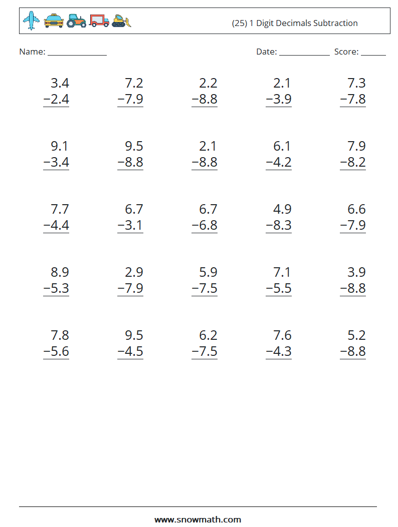 (25) 1 Digit Decimals Subtraction Maths Worksheets 14