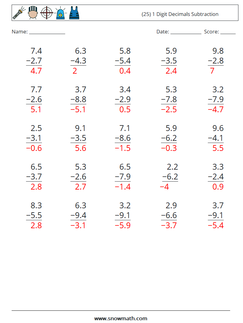 (25) 1 Digit Decimals Subtraction Maths Worksheets 17 Question, Answer