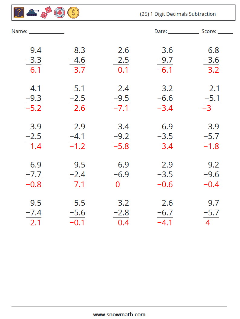 (25) 1 Digit Decimals Subtraction Maths Worksheets 1 Question, Answer