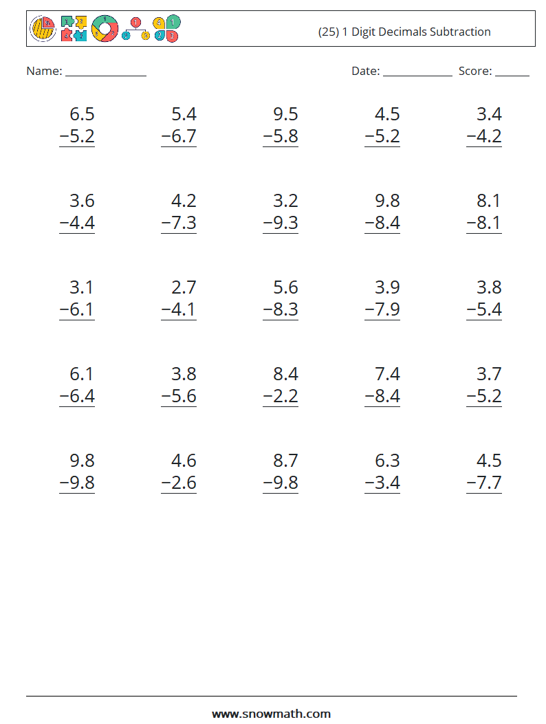 (25) 1 Digit Decimals Subtraction Maths Worksheets 3