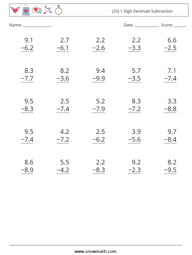 (25) 1 Digit Decimals Subtraction Maths Worksheets 4