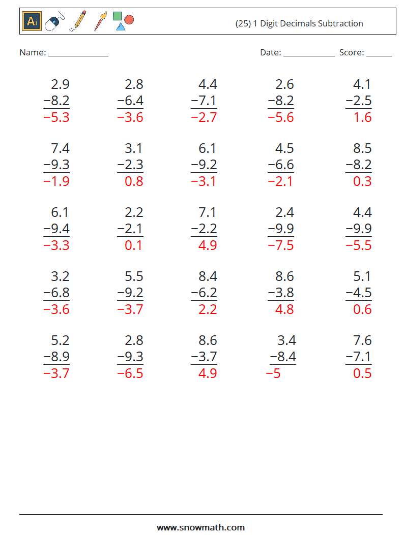 (25) 1 Digit Decimals Subtraction Maths Worksheets 6 Question, Answer