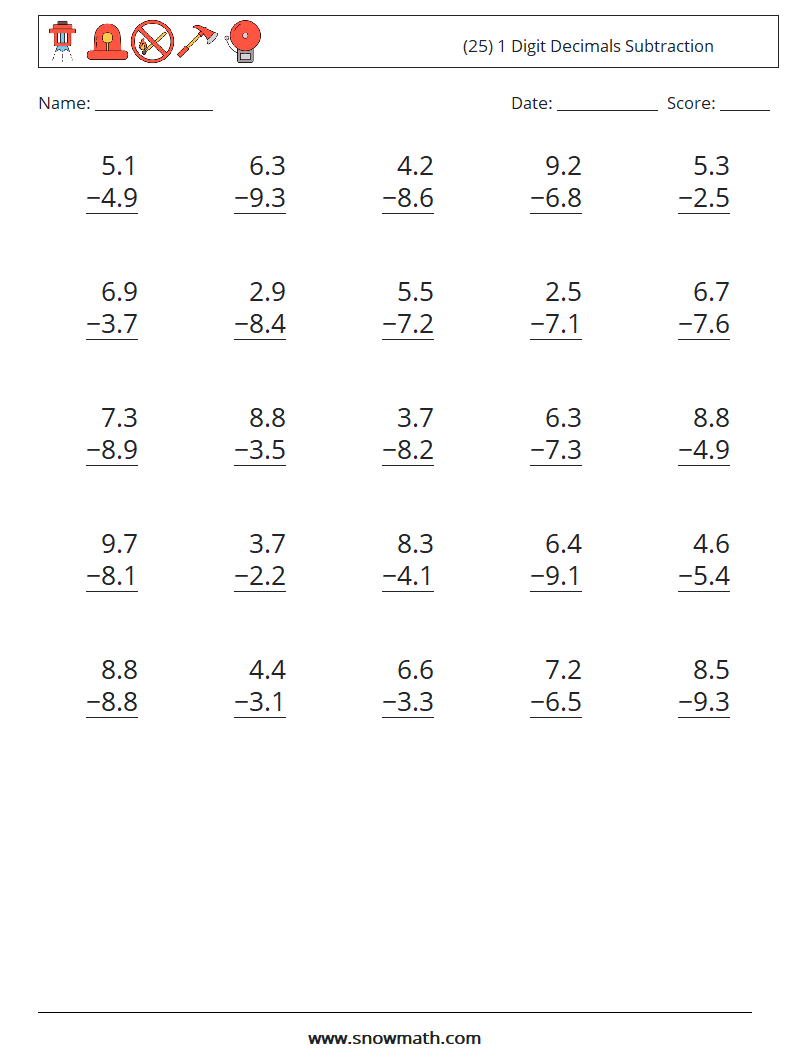 (25) 1 Digit Decimals Subtraction Maths Worksheets 8