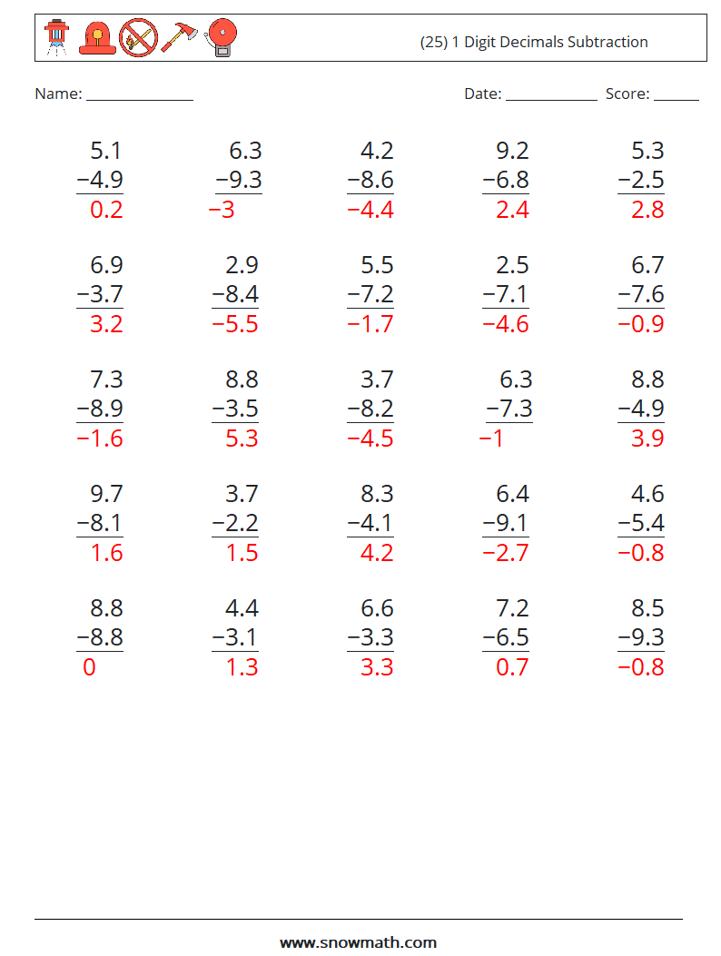 (25) 1 Digit Decimals Subtraction Maths Worksheets 8 Question, Answer