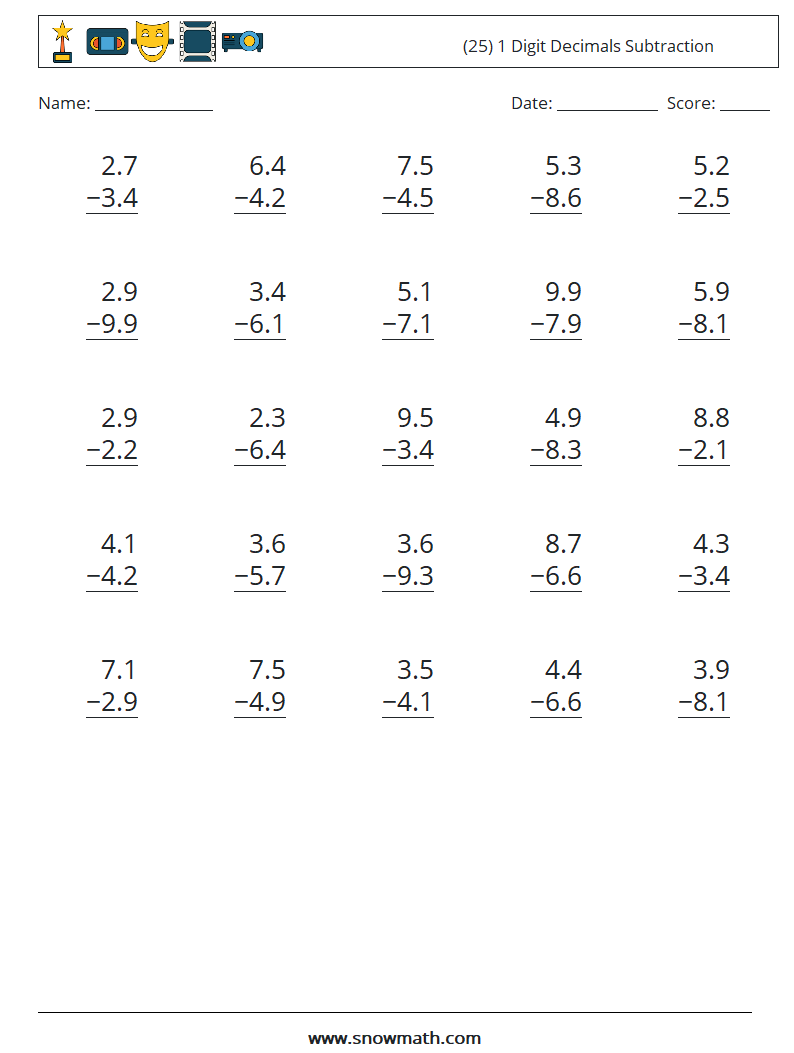 (25) 1 Digit Decimals Subtraction Maths Worksheets 9