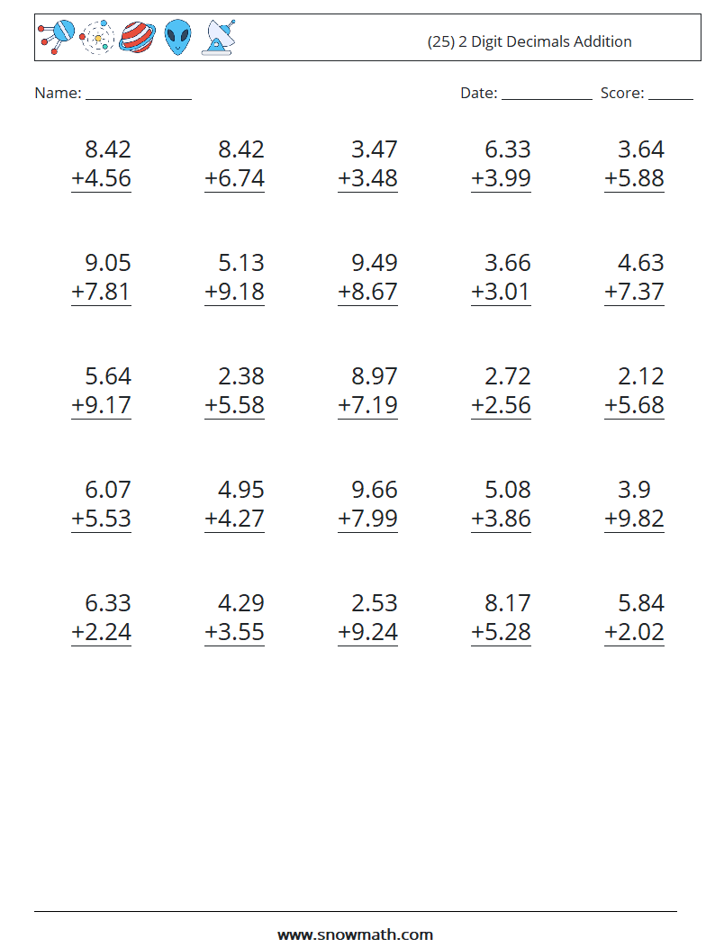(25) 2 Digit Decimals Addition Maths Worksheets 1