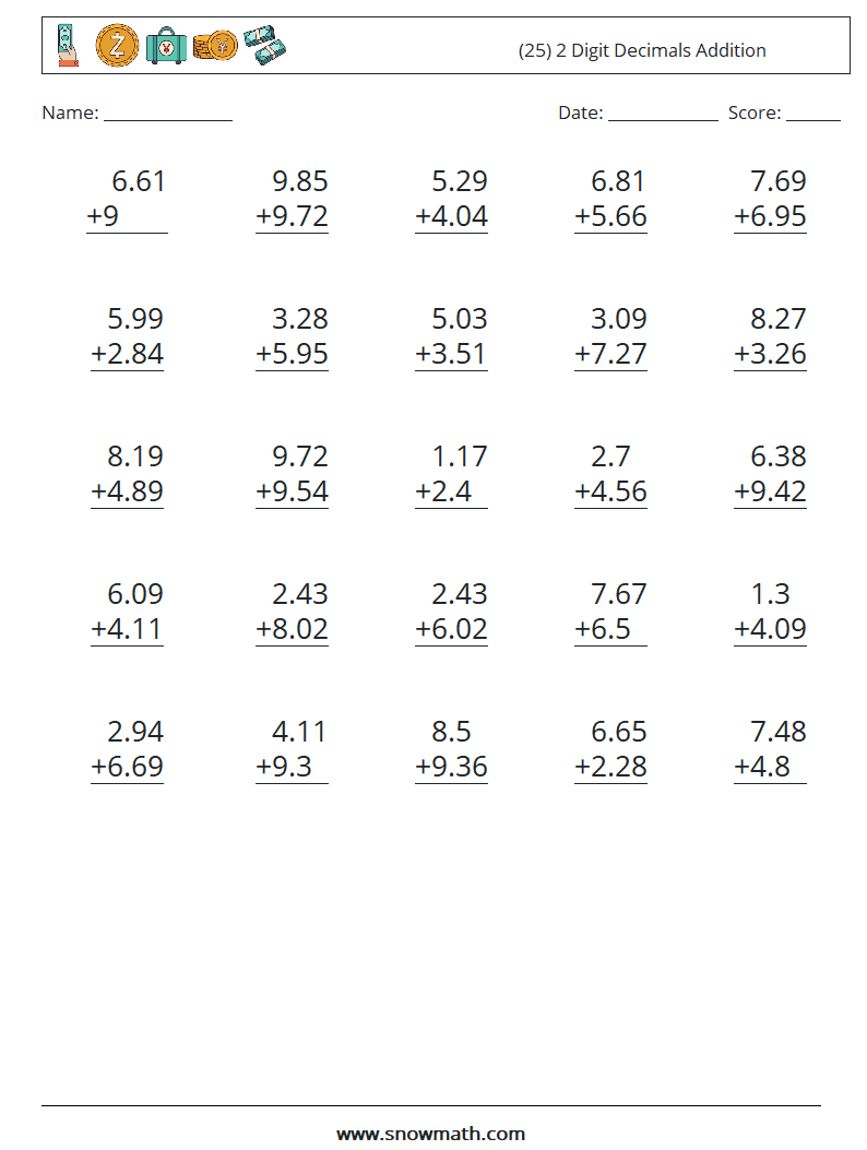 (25) 2 Digit Decimals Addition Maths Worksheets 10