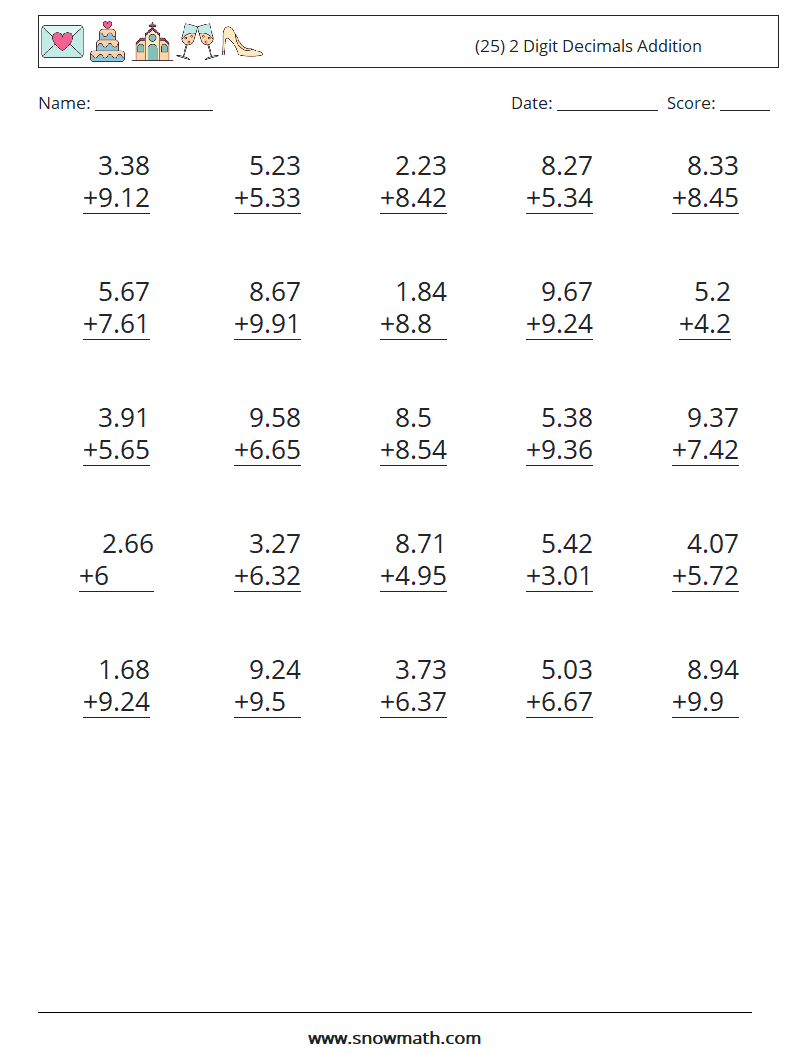 (25) 2 Digit Decimals Addition Maths Worksheets 11