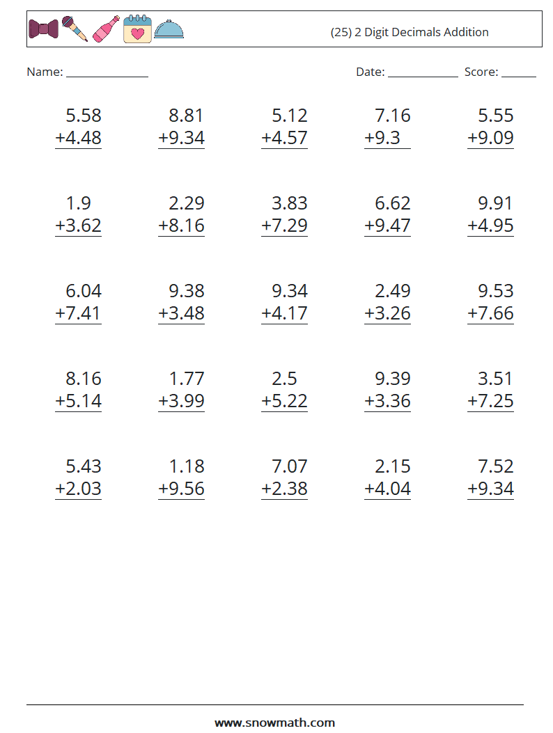 (25) 2 Digit Decimals Addition Maths Worksheets 13