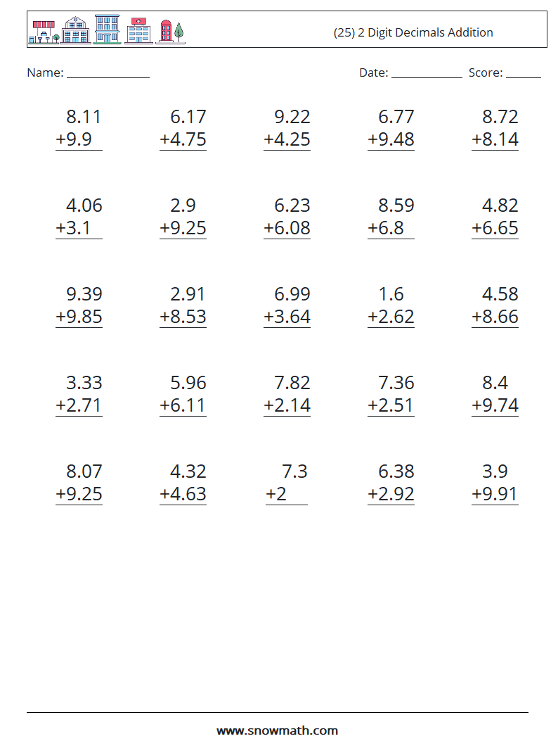 (25) 2 Digit Decimals Addition Maths Worksheets 14