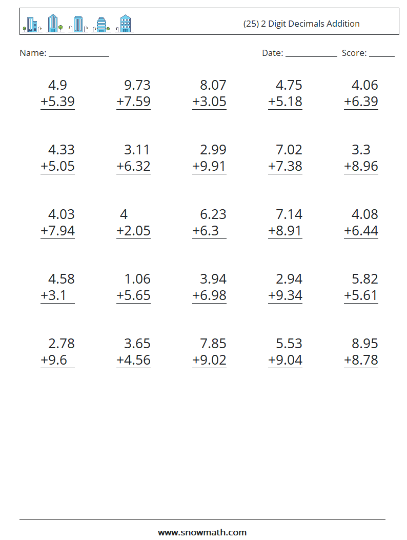 (25) 2 Digit Decimals Addition Maths Worksheets 15