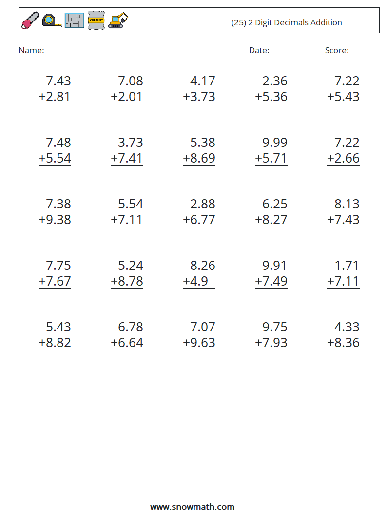 (25) 2 Digit Decimals Addition Maths Worksheets 16