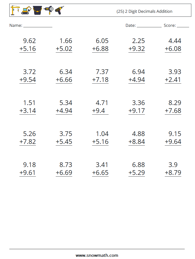 (25) 2 Digit Decimals Addition Maths Worksheets 18