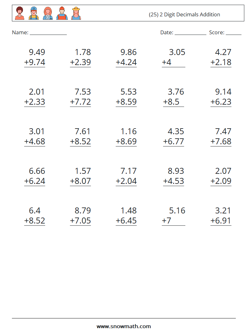 (25) 2 Digit Decimals Addition Maths Worksheets 2