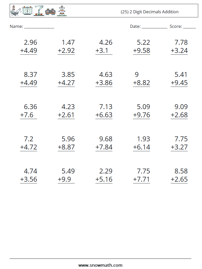 (25) 2 Digit Decimals Addition Maths Worksheets 4