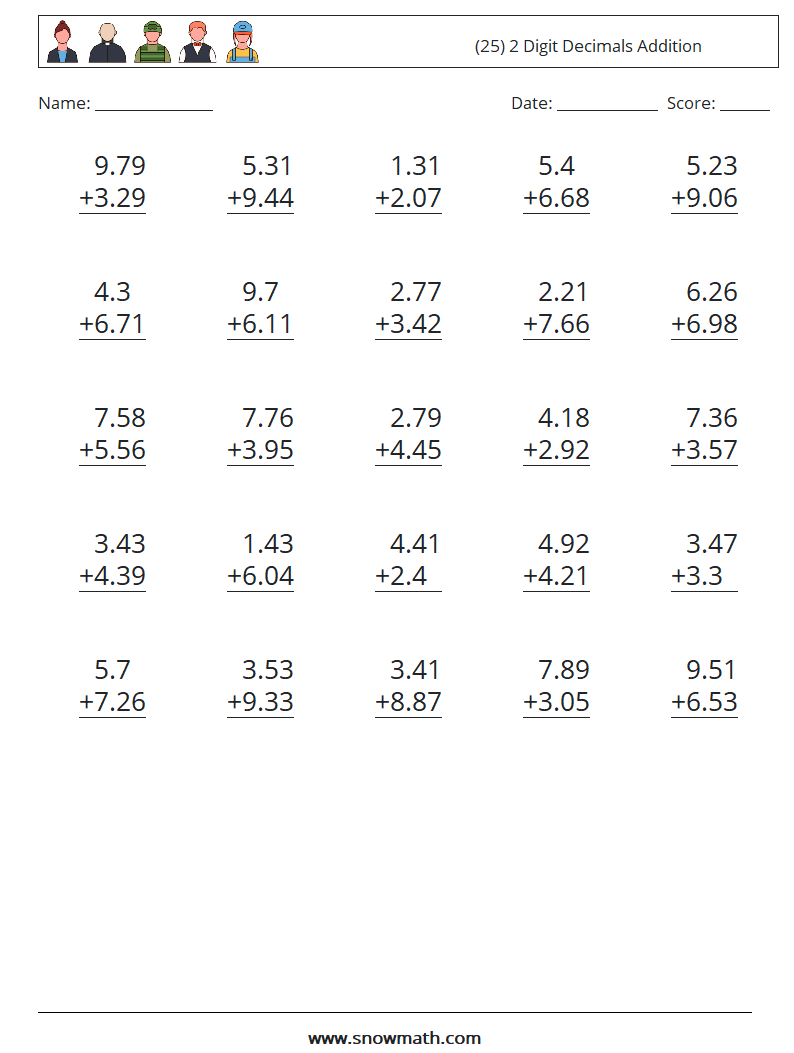 (25) 2 Digit Decimals Addition Maths Worksheets 5