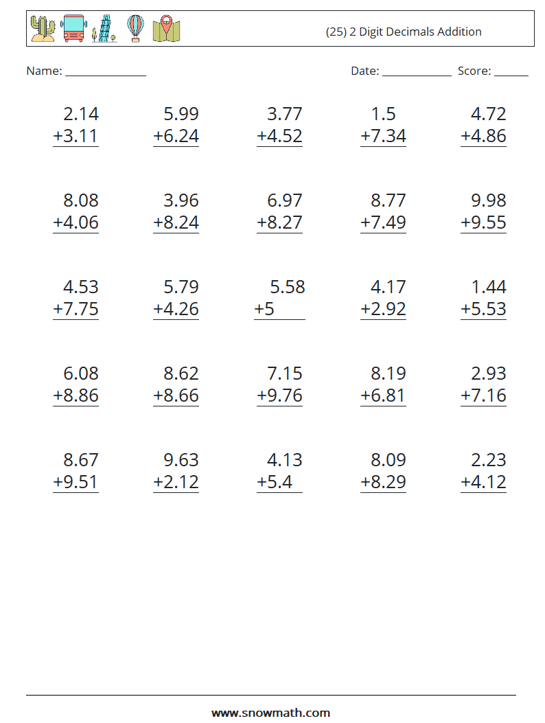 (25) 2 Digit Decimals Addition Maths Worksheets 6