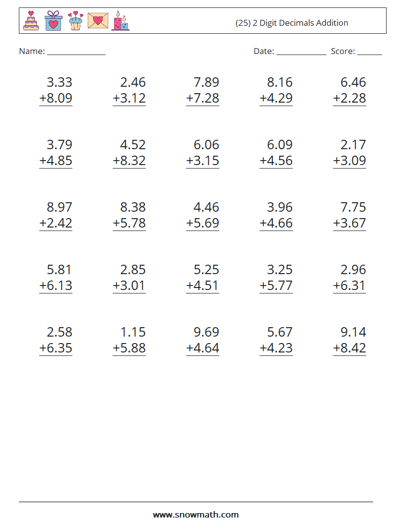 (25) 2 Digit Decimals Addition Maths Worksheets 9