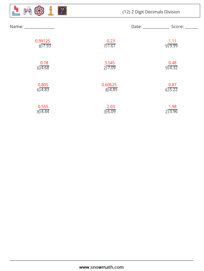 (12) 2 Digit Decimals Division Maths Worksheets 13 Question, Answer