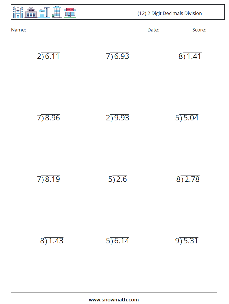 (12) 2 Digit Decimals Division Maths Worksheets 14