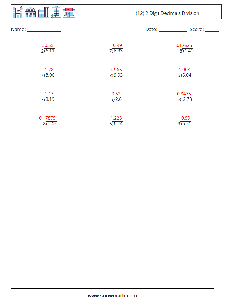 (12) 2 Digit Decimals Division Maths Worksheets 14 Question, Answer