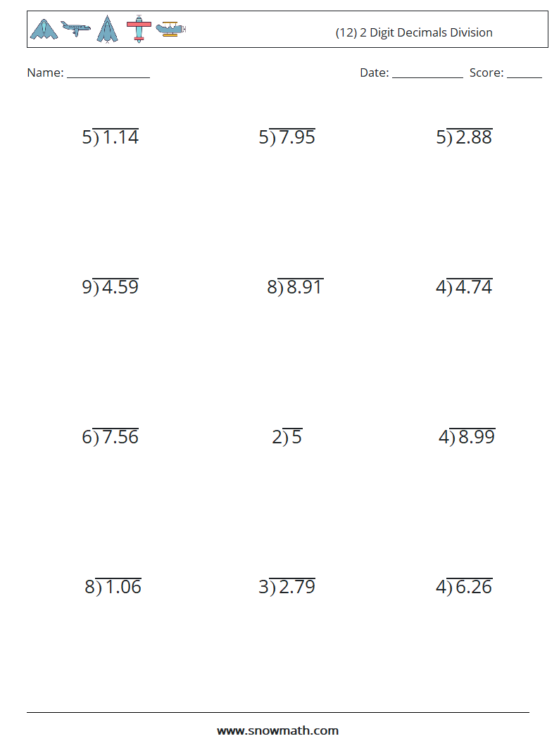 (12) 2 Digit Decimals Division Maths Worksheets 16
