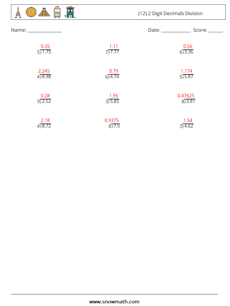 (12) 2 Digit Decimals Division Maths Worksheets 17 Question, Answer