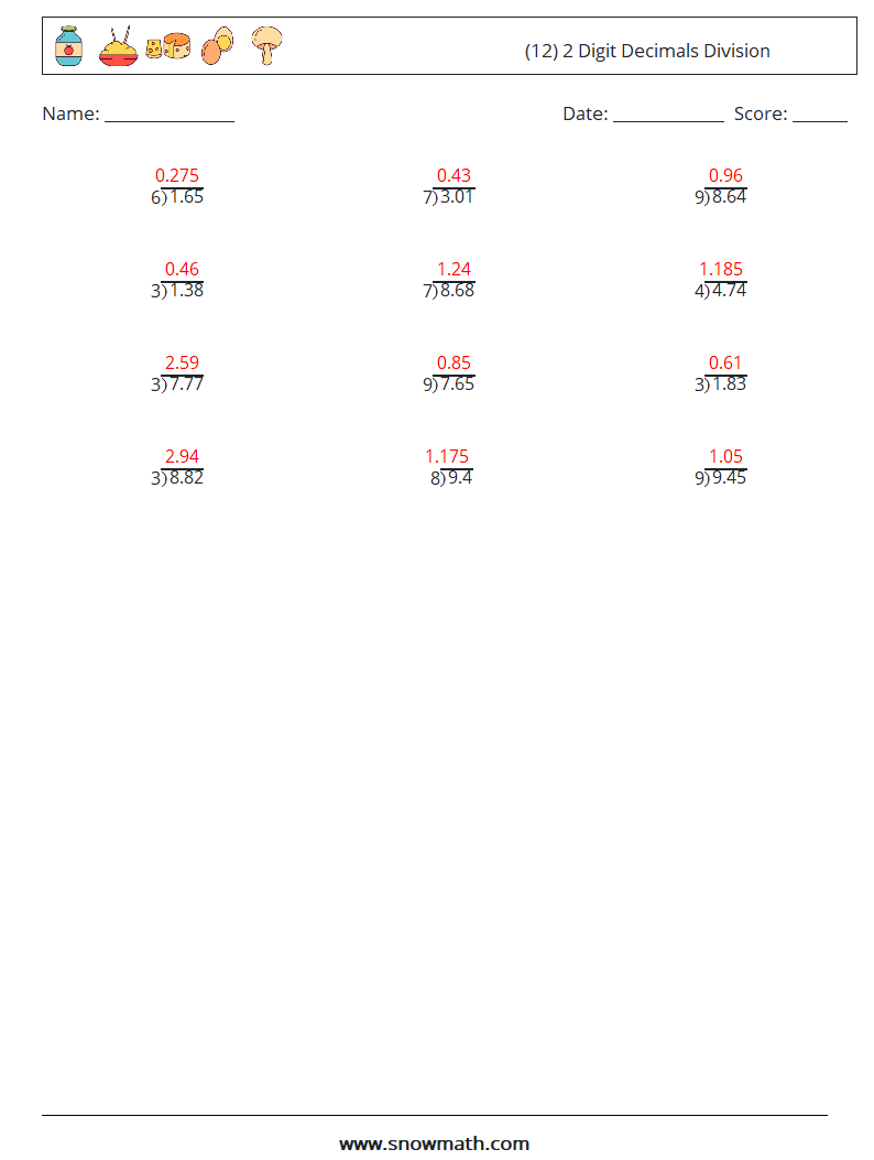 (12) 2 Digit Decimals Division Maths Worksheets 3 Question, Answer