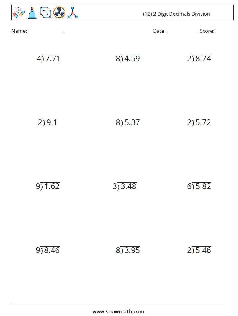 (12) 2 Digit Decimals Division Maths Worksheets 5