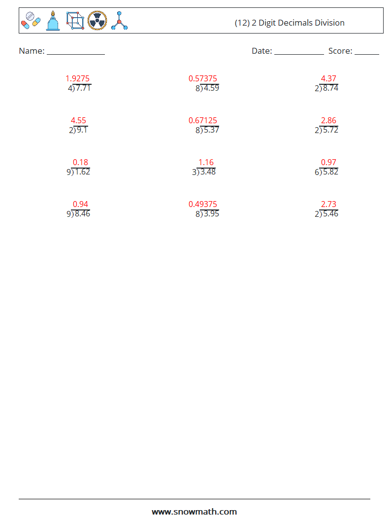 (12) 2 Digit Decimals Division Maths Worksheets 5 Question, Answer