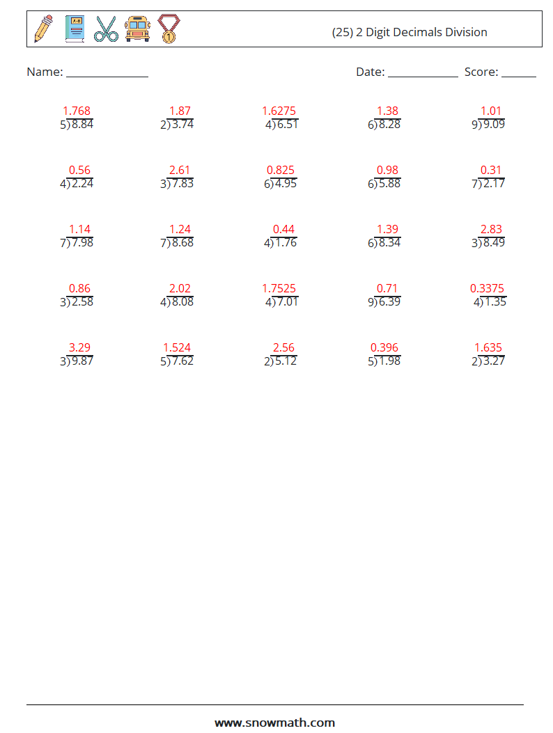 (25) 2 Digit Decimals Division Maths Worksheets 10 Question, Answer