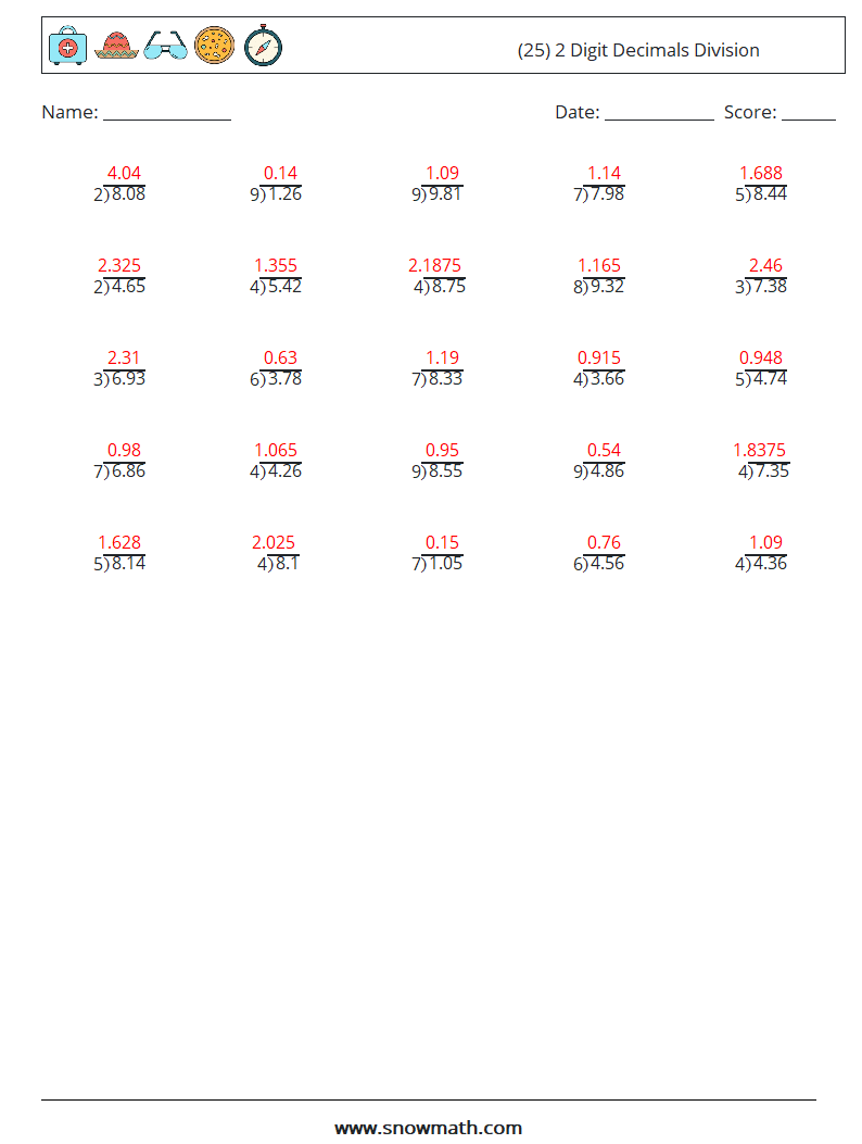 (25) 2 Digit Decimals Division Maths Worksheets 11 Question, Answer