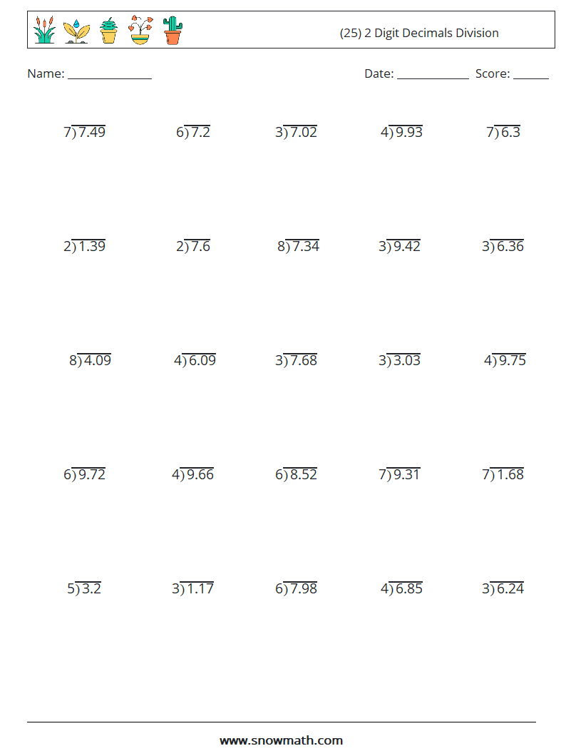 (25) 2 Digit Decimals Division Maths Worksheets 12