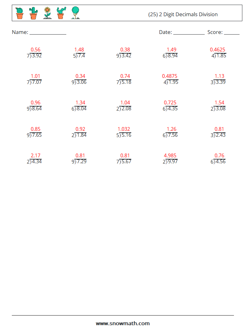 (25) 2 Digit Decimals Division Maths Worksheets 13 Question, Answer