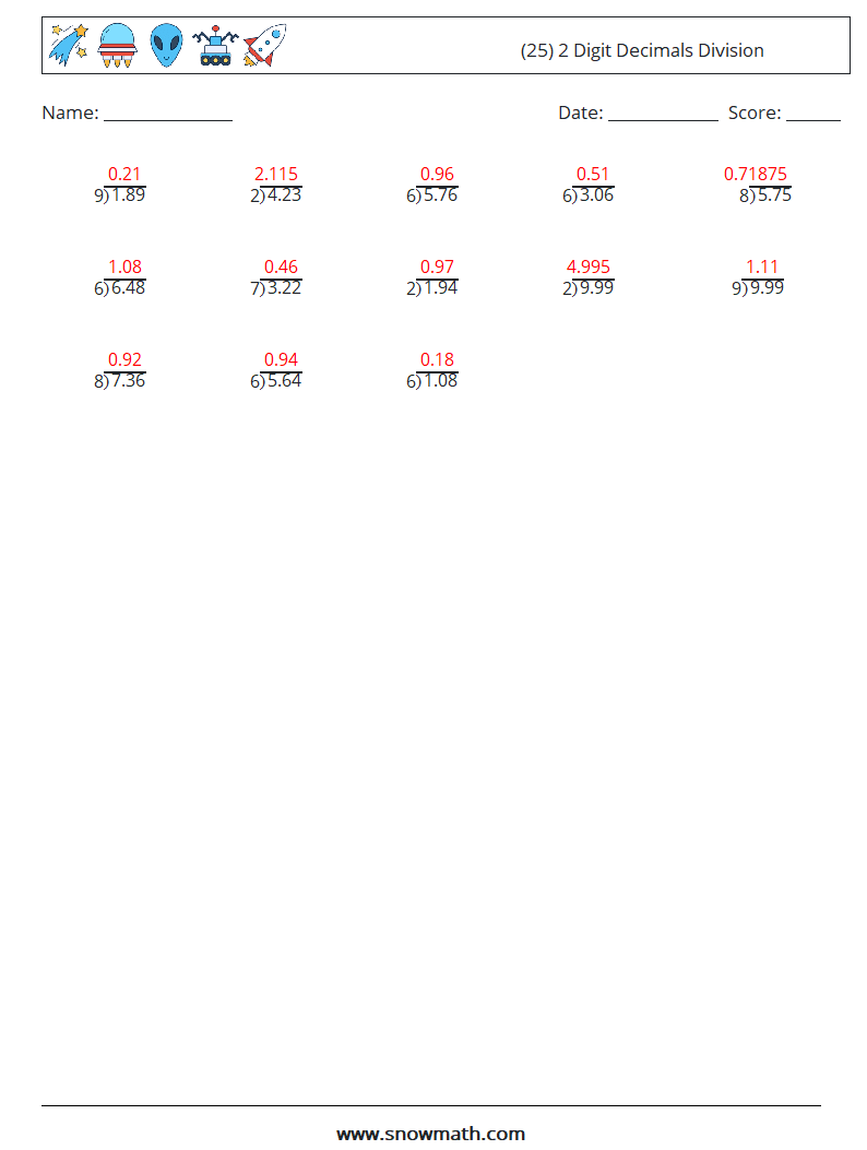 (25) 2 Digit Decimals Division Maths Worksheets 16 Question, Answer