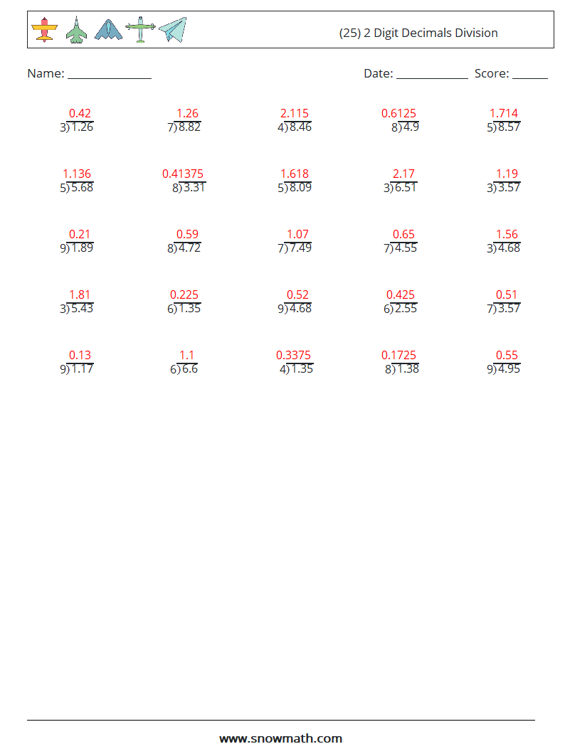 (25) 2 Digit Decimals Division Maths Worksheets 2 Question, Answer