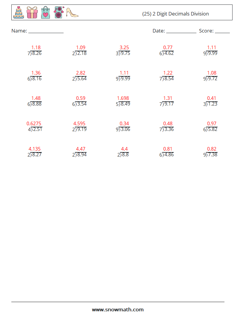 (25) 2 Digit Decimals Division Maths Worksheets 3 Question, Answer