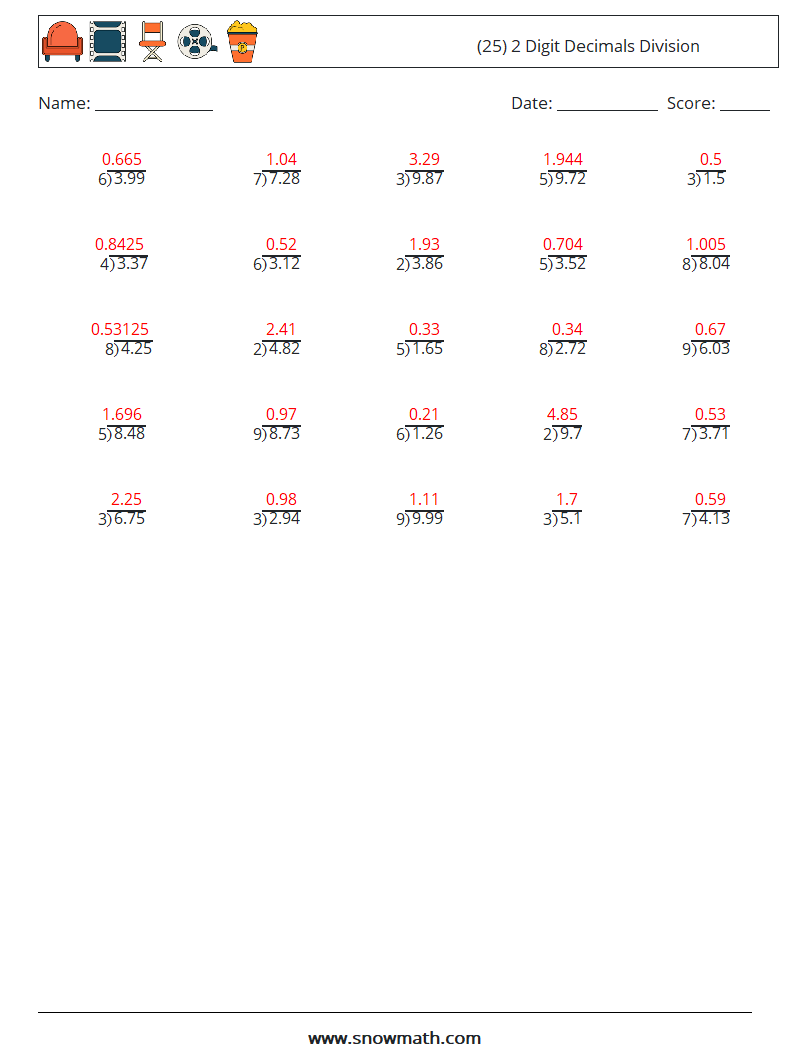 (25) 2 Digit Decimals Division Maths Worksheets 9 Question, Answer