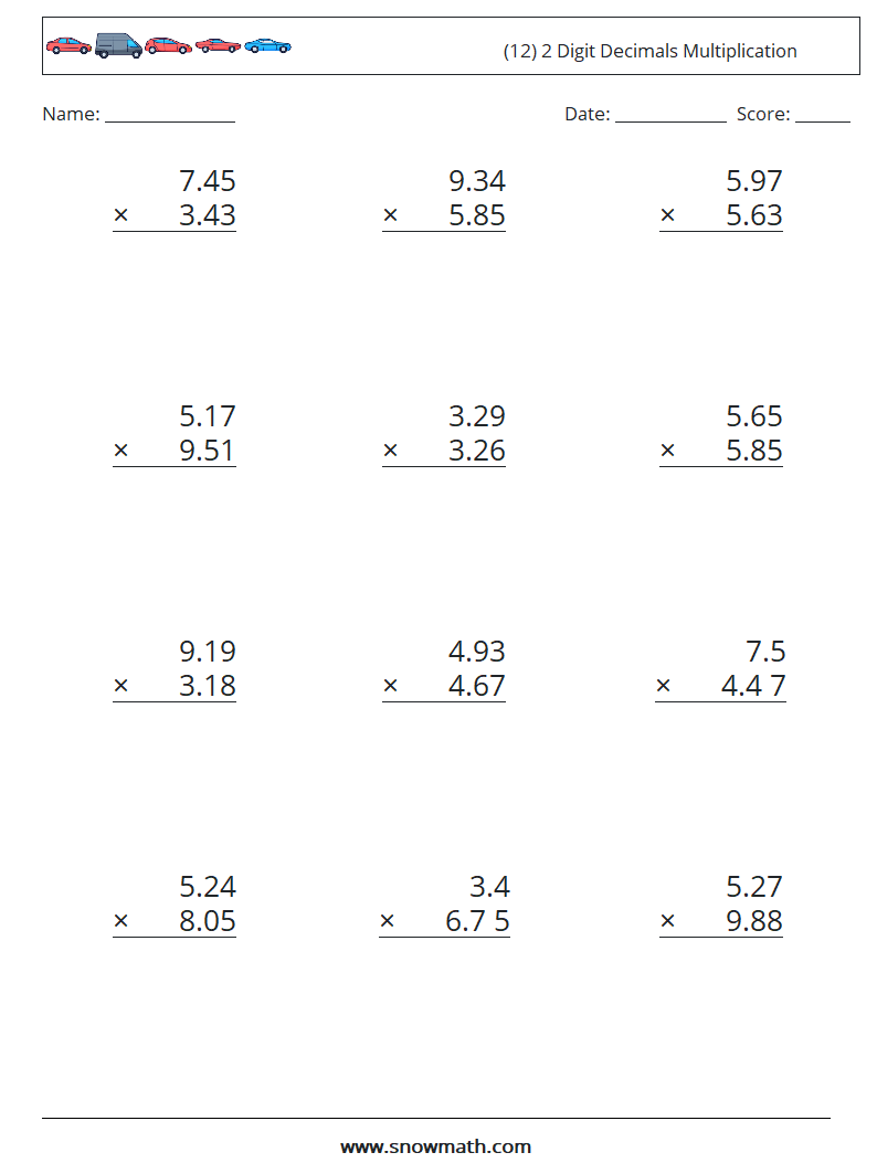 (12) 2 Digit Decimals Multiplication Maths Worksheets 1