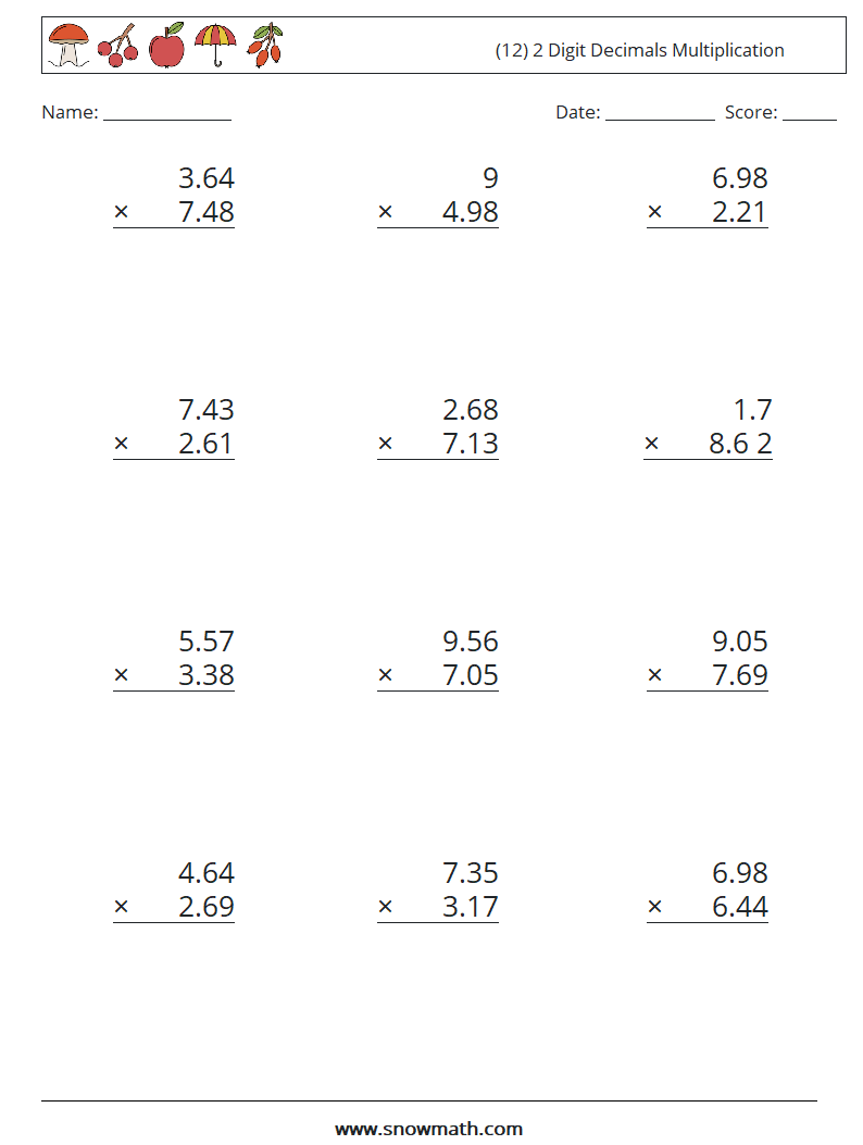 (12) 2 Digit Decimals Multiplication Maths Worksheets 10