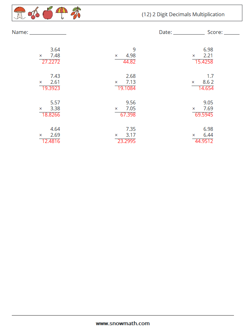 (12) 2 Digit Decimals Multiplication Maths Worksheets 10 Question, Answer