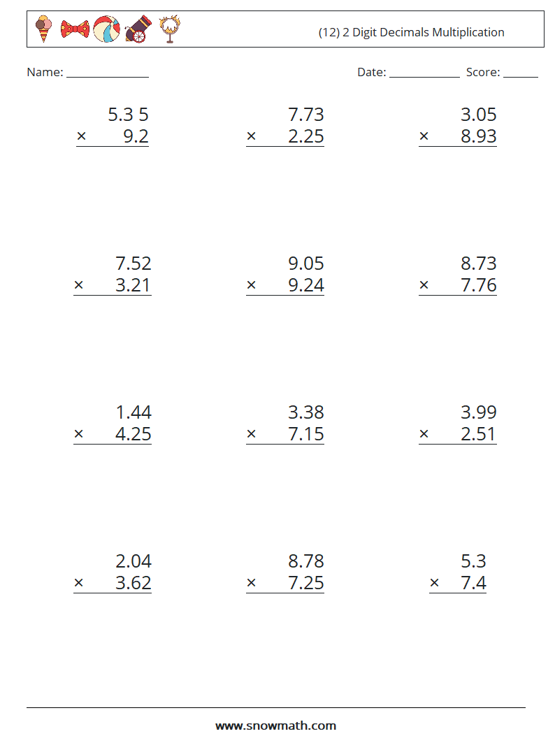 (12) 2 Digit Decimals Multiplication Maths Worksheets 11