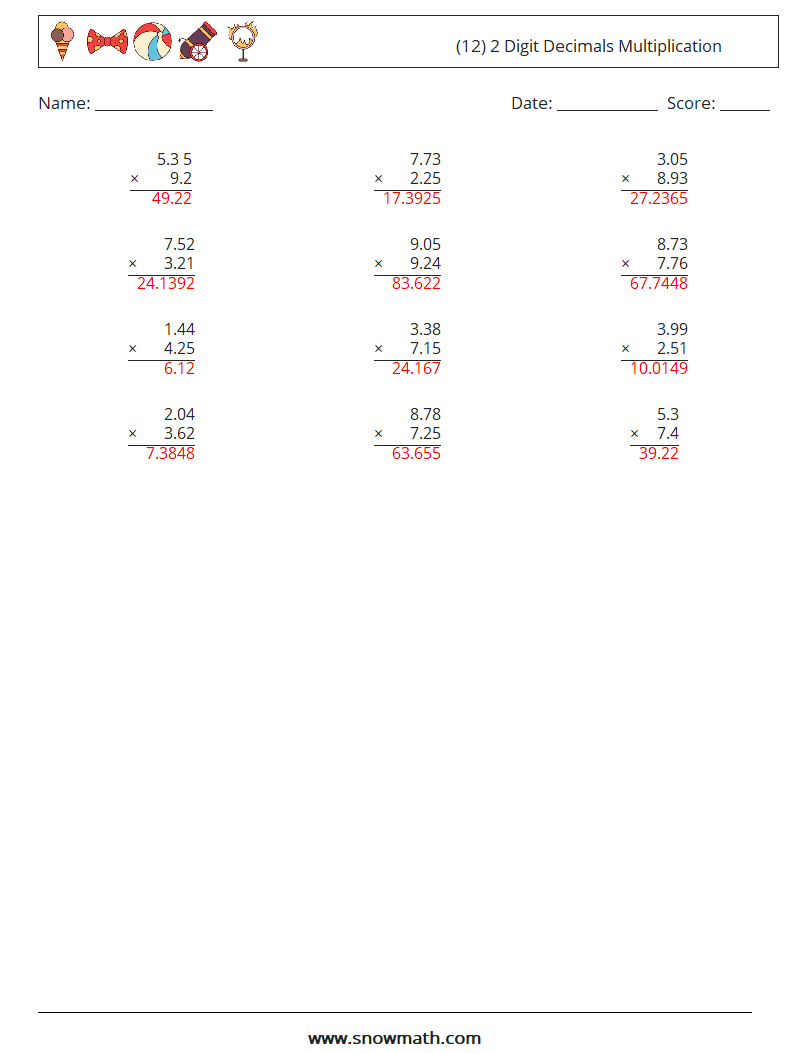 (12) 2 Digit Decimals Multiplication Maths Worksheets 11 Question, Answer
