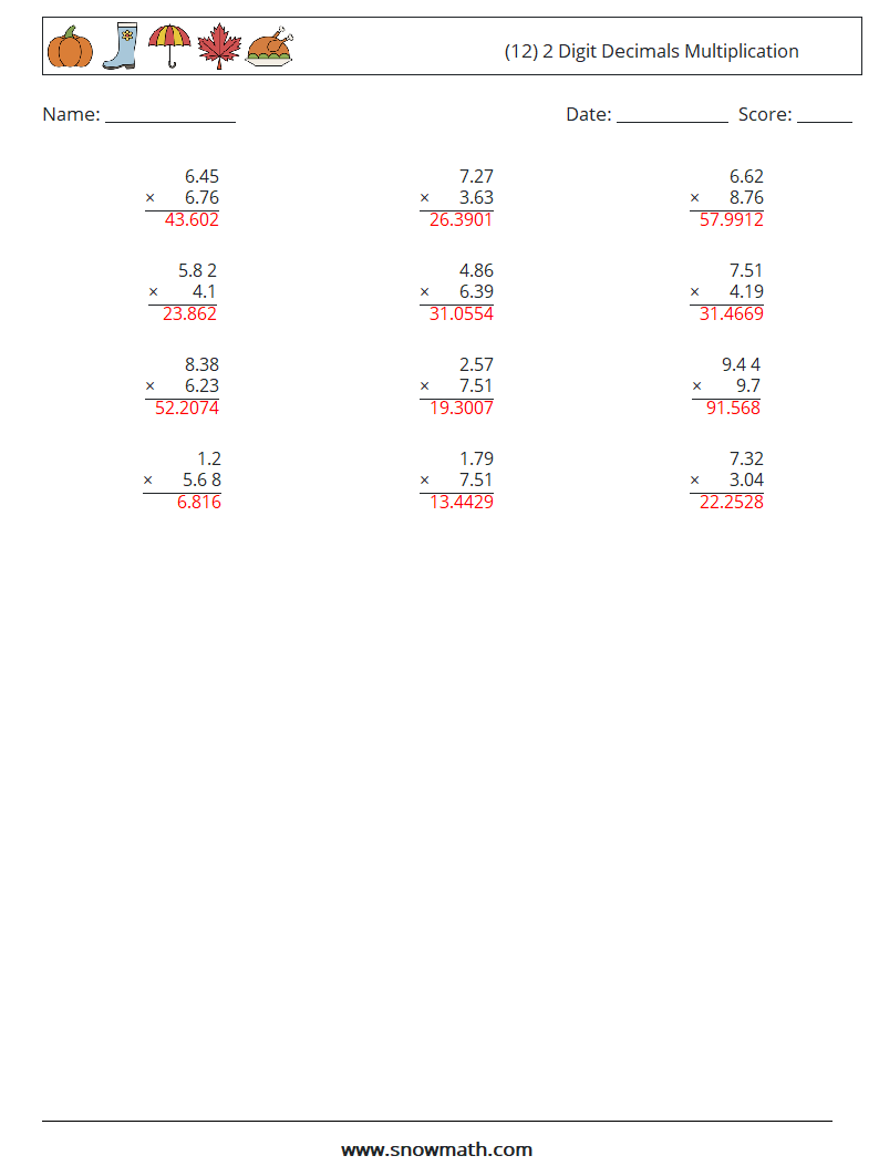 (12) 2 Digit Decimals Multiplication Maths Worksheets 12 Question, Answer