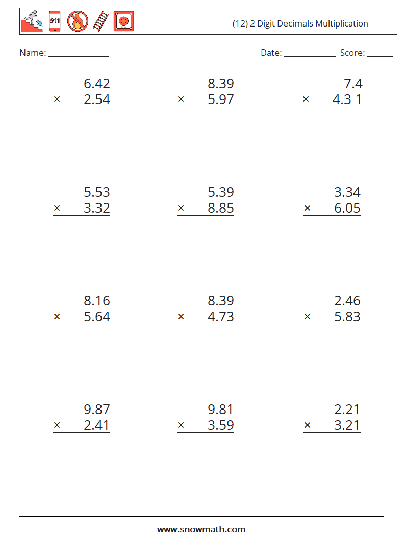 (12) 2 Digit Decimals Multiplication Maths Worksheets 13