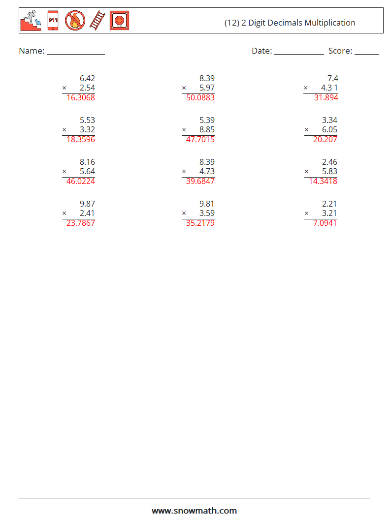 (12) 2 Digit Decimals Multiplication Maths Worksheets 13 Question, Answer